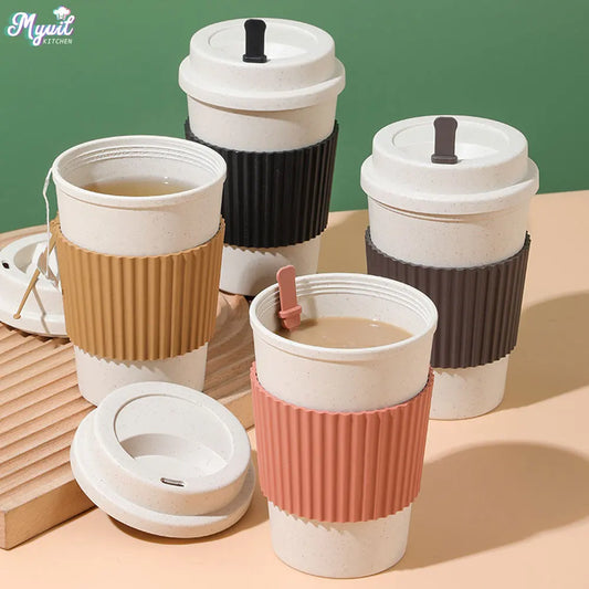 450ML Coffee Cups with Lids Wheat Straw Reusable Portable Coffee Cup Dishwasher Safe Coffee Mug Coffee Tea Travel Cups